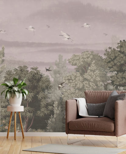 Oriental Wallpaper with flying birds above trees