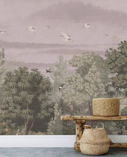 Carta da parati orientale con uccelli in volo sopra gli alberi Carta da parati orientale con uccelli in volo sopra gli alberi