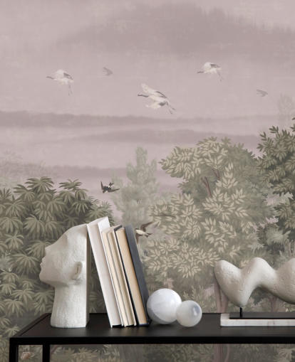 Oriental Wallpaper with flying birds above trees