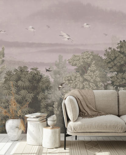 Orientalisk tapet med flygande fåglar ovanför träd Orientalisk tapet med flygande fåglar ovanför träd