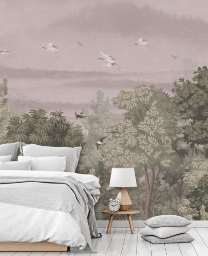 Oriental Wallpaper with flying birds above trees