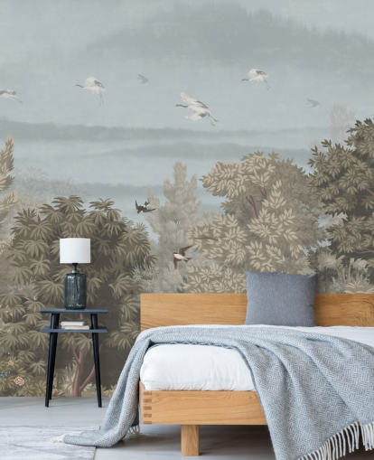 colourful forest wallpaper with birds for a bedroom