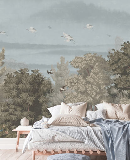 colourful forest wallpaper with birds for a bedroom
