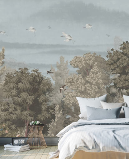 papel de parede colorido da floresta com pássaros para um quarto