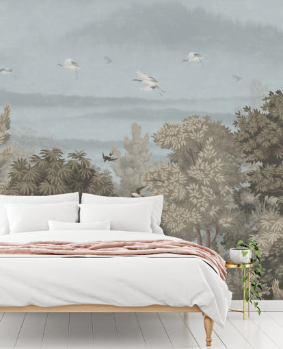 colorful forest wallpaper with birds for a bedroom