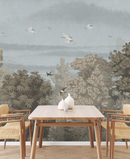 colorful forest wallpaper with birds for a bedroom