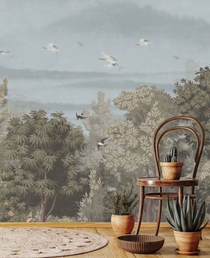 colorido papel pintado de bosque con pájaros para un dormitorio