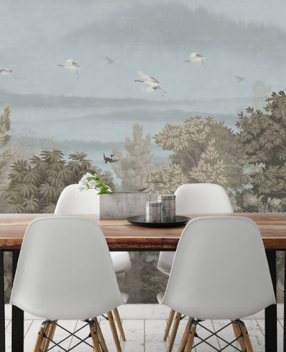 colorful forest wallpaper with birds for a bedroom