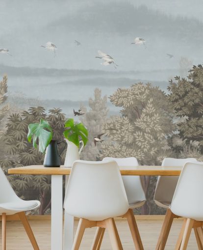 colorido papel pintado de bosque con pájaros para un dormitorio