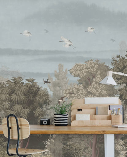 colourful forest wallpaper with birds for a bedroom