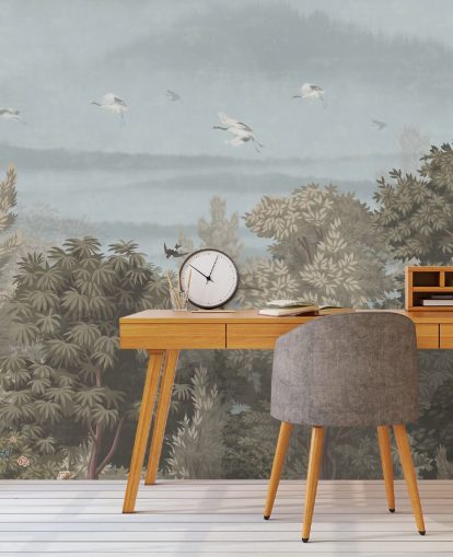 colourful forest wallpaper with birds for a bedroom