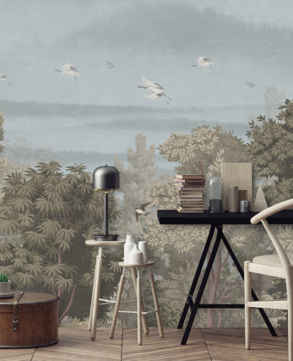 papel de parede colorido da floresta com pássaros para um quarto