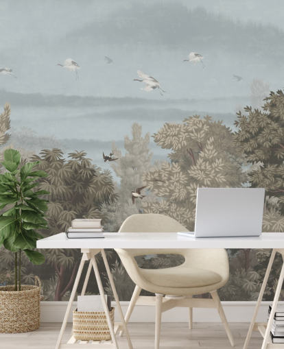 colorido papel pintado de bosque con pájaros para un dormitorio