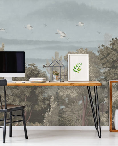 colorido papel pintado de bosque con pájaros para un dormitorio