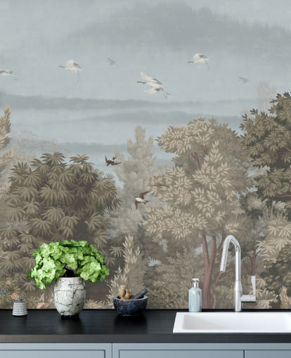 papel de parede colorido da floresta com pássaros para um quarto papel de parede colorido da floresta com pássaros para um quarto