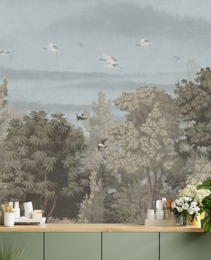 kleurrijk bosbehang met vogels voor een slaapkamer