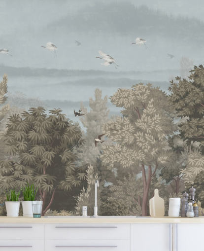 colourful forest wallpaper with birds for a bedroom