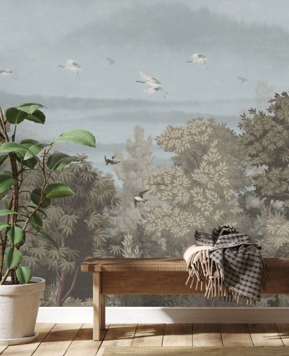 papier peint coloré de la forêt avec des oiseaux pour une chambre