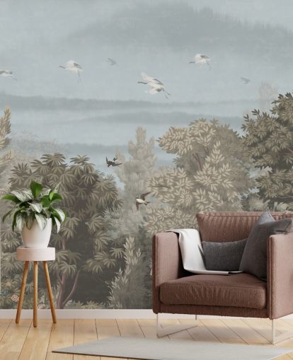 colorful forest wallpaper with birds for a bedroom