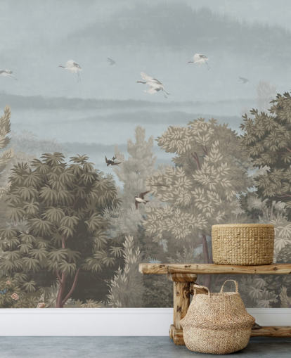 colorful forest wallpaper with birds for a bedroom