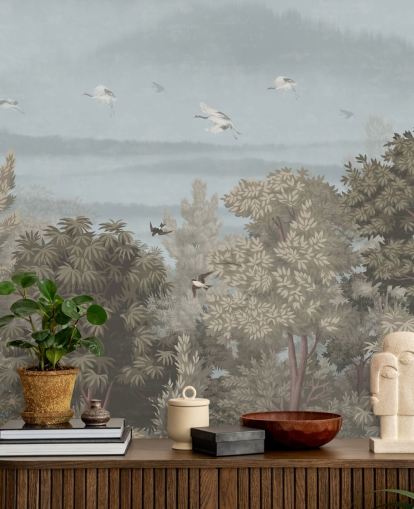 papier peint coloré de la forêt avec des oiseaux pour une chambre