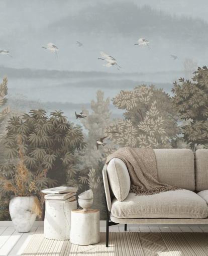 colorful forest wallpaper with birds for a bedroom