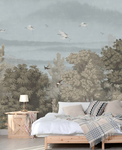 colorful forest wallpaper with birds for a bedroom