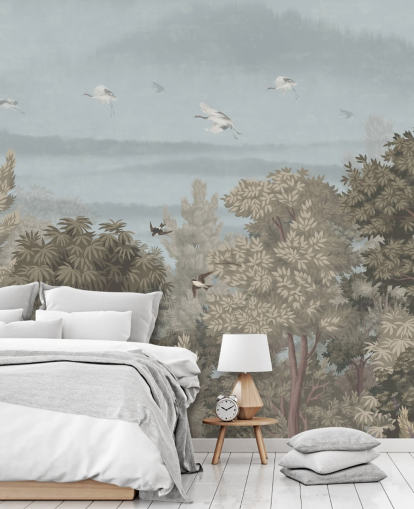 papel de parede colorido da floresta com pássaros para um quarto papel de parede colorido da floresta com pássaros para um quarto