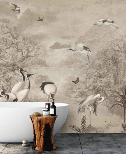 Ilustración de Jungle Cranes sobre fondo de pantalla sepia