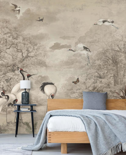 Ilustração de Jungle Cranes em papel de parede sépia Ilustração de Jungle Cranes em papel de parede sépia