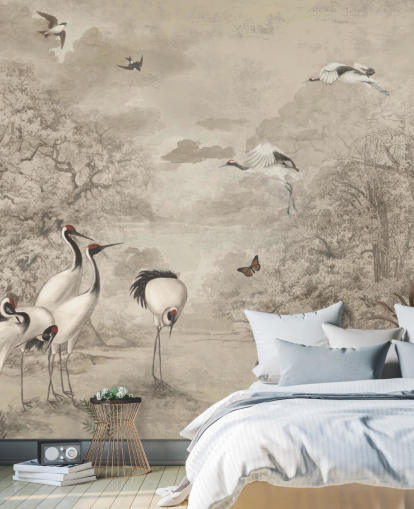 Illustration de Jungle Cranes sur papier peint sépia