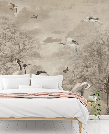 Illustration of Jungle Cranes on sepia wallpaper