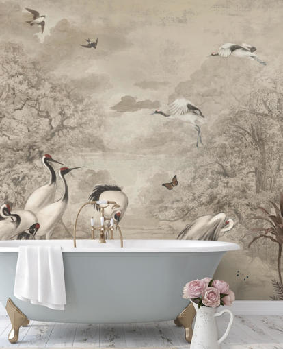 Ilustración de Jungle Cranes sobre fondo de pantalla sepia