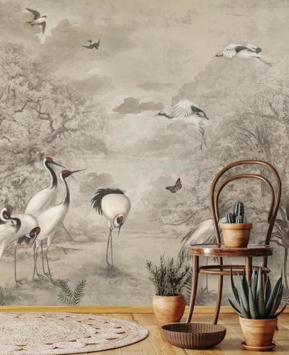 Illustration of Jungle Cranes on sepia wallpaper Illustration of Jungle Cranes on sepia wallpaper