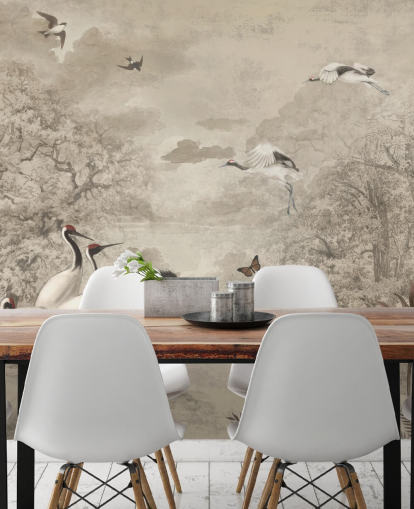 Illustration of Jungle Cranes on sepia wallpaper