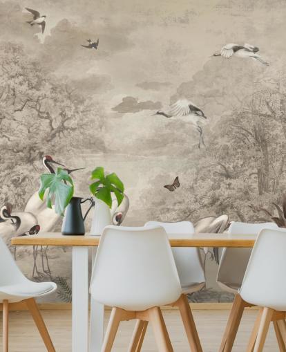 Illustration of Jungle Cranes on sepia wallpaper