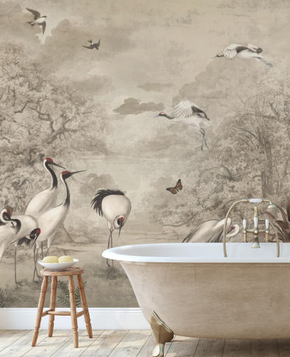 Illustration of Jungle Cranes on sepia wallpaper Illustration of Jungle Cranes on sepia wallpaper