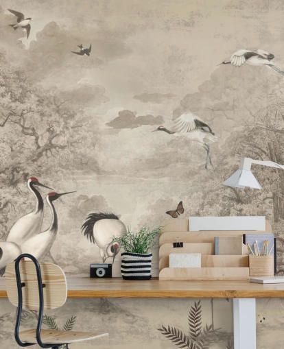 Illustration of Jungle Cranes on sepia wallpaper