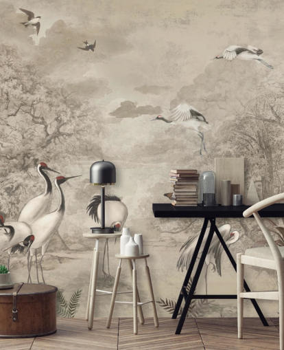 Ilustración de Jungle Cranes sobre fondo de pantalla sepia