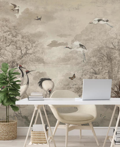 Illustration of Jungle Cranes on sepia wallpaper