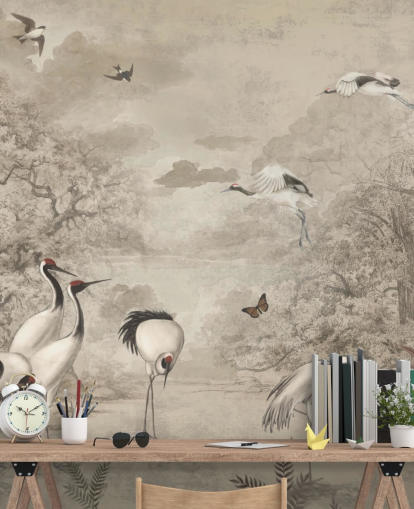 Ilustración de Jungle Cranes sobre fondo de pantalla sepia