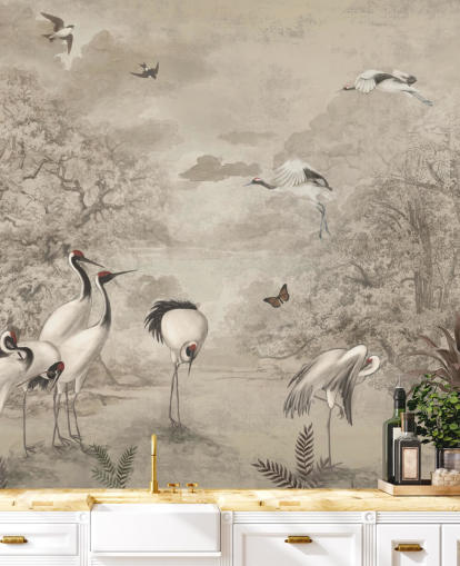 Illustration of Jungle Cranes on sepia wallpaper