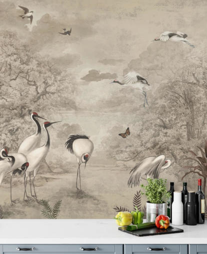 Illustration of Jungle Cranes on sepia wallpaper