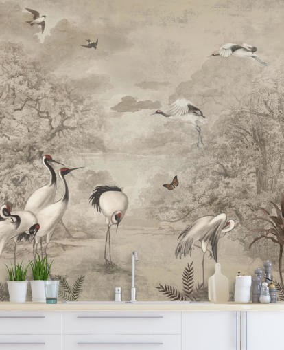 Illustration of Jungle Cranes on sepia wallpaper