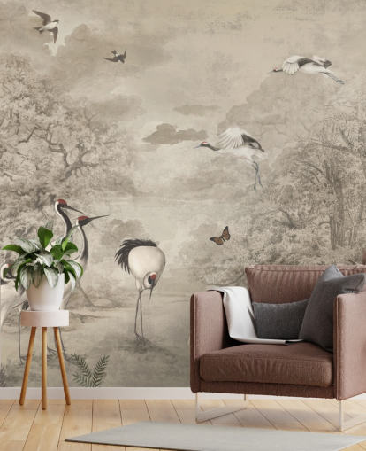 Illustration of Jungle Cranes on sepia wallpaper