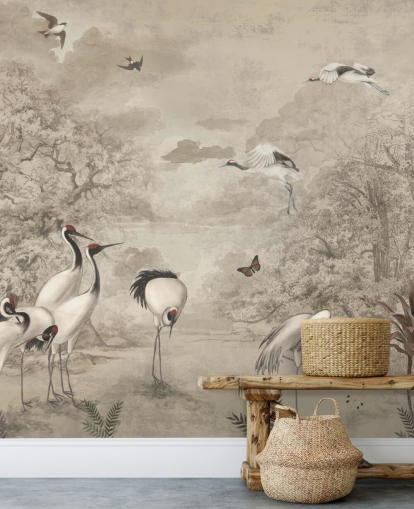 Illustration of Jungle Cranes on sepia wallpaper