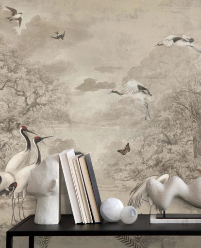 Illustrazione di Jungle Cranes su carta da parati color seppia