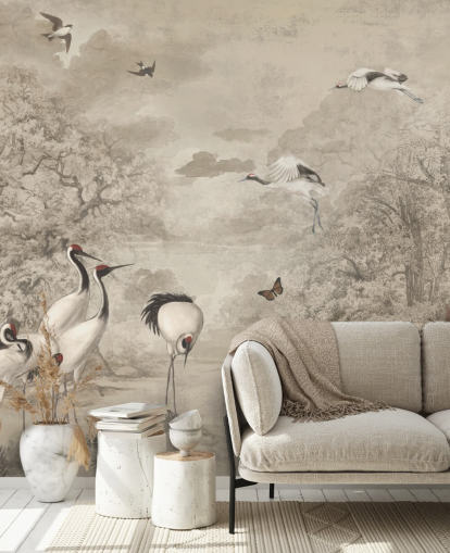 Illustration of Jungle Cranes on sepia wallpaper