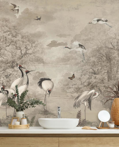 Ilustração de Jungle Cranes em papel de parede sépia