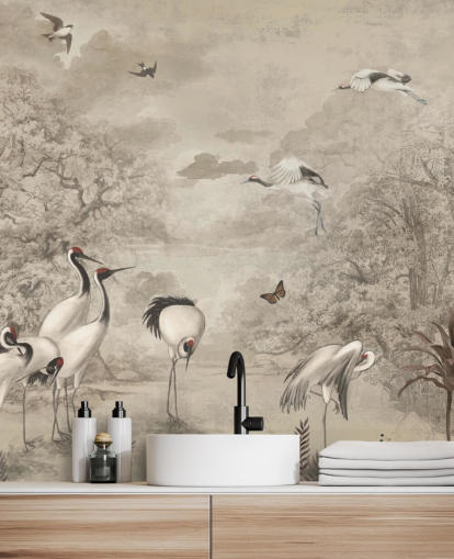 Illustration of Jungle Cranes on sepia wallpaper